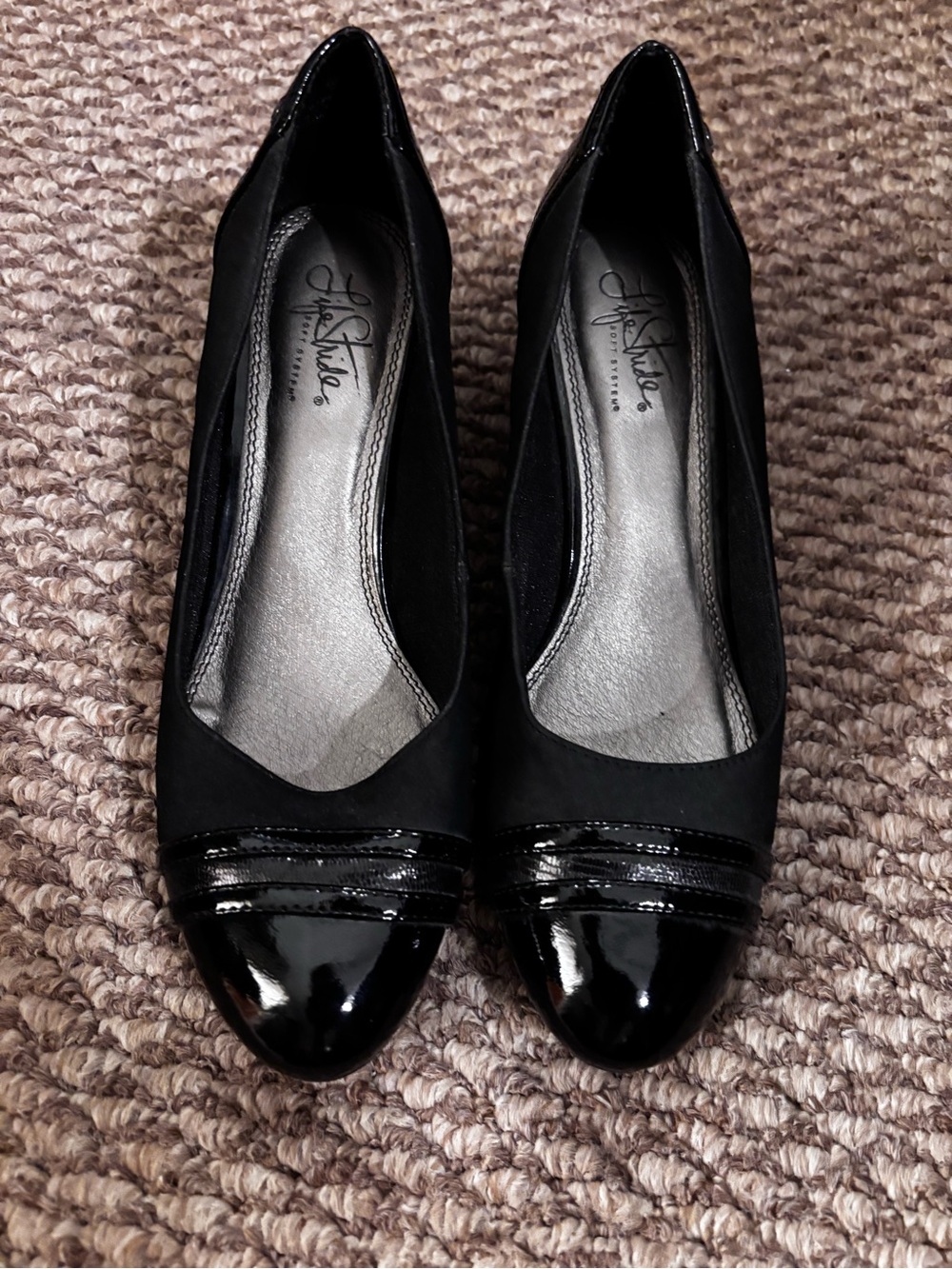 Life Stride Black Wedge Pumps with Patent Toe Detail